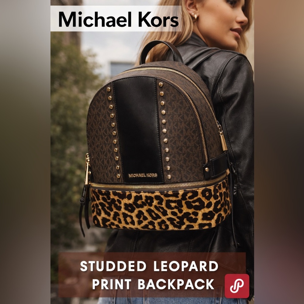 Michael Kors Rhea Studded Leopard Print Calf Hair Backpack - Picture 16 of 16
